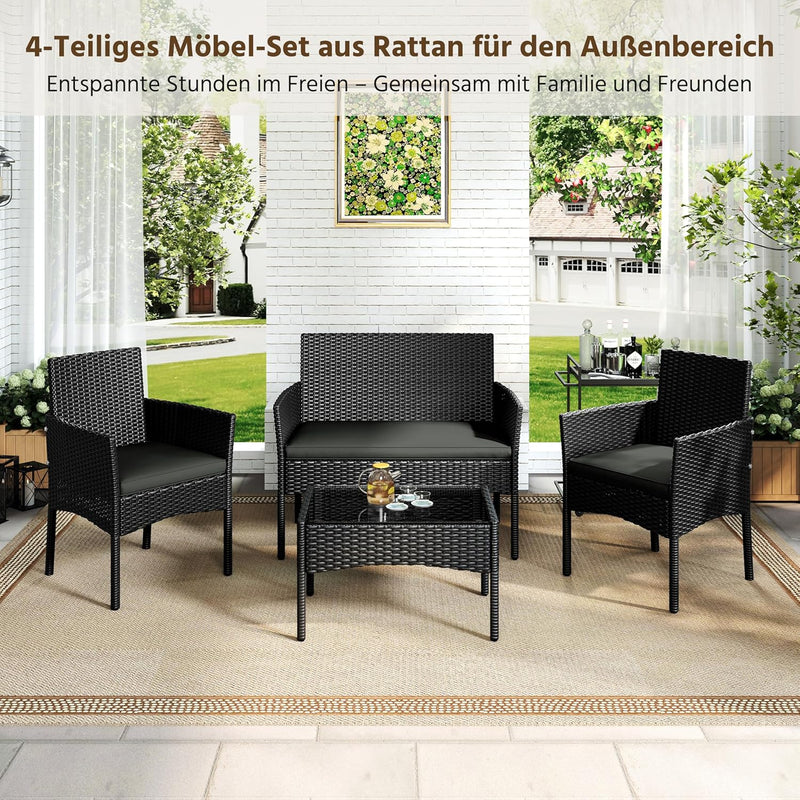 Yaheetech Set de muebles de jardín de 4 piezas, conjunto de muebles de balcón de poliratán para exterior con sofá de 2 plazas, 2 sillas, mesa y cojines para terraza/balcón/jardín, negro y gris