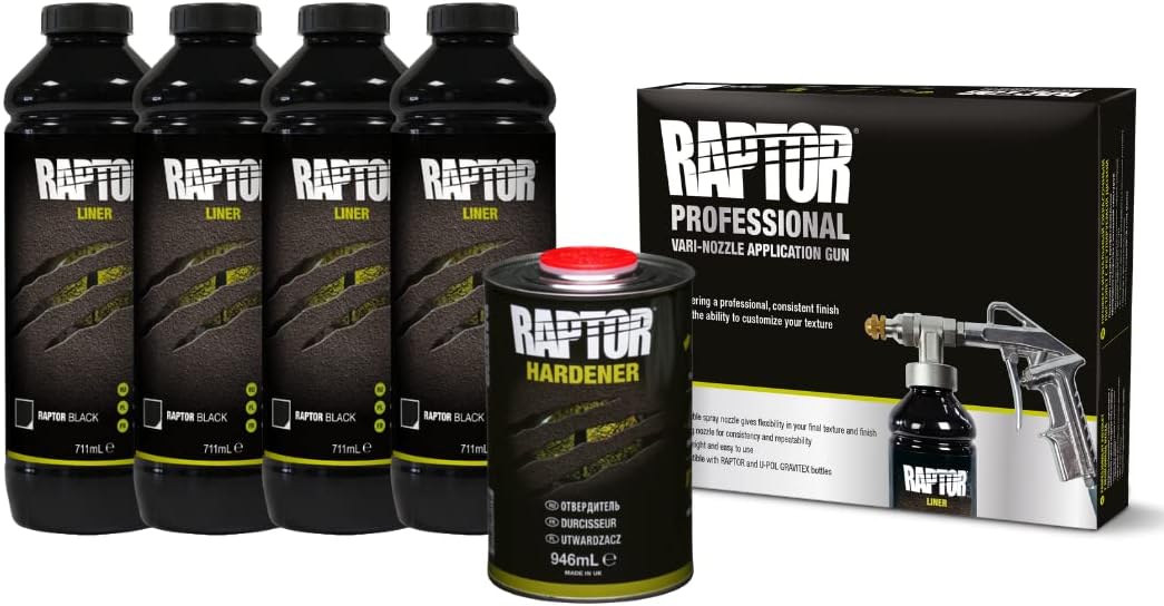 Kit de revestimiento protector RAPTOR - 4 botellas de 3,79 litros (incluye endurecedor), negro, con pistola profesional RAPTOR de boquilla ajustable