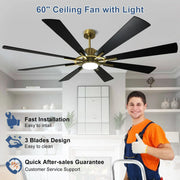 Ventilador de techo con luz, control remoto y 8 aspas grandes de madera