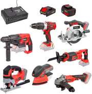 Pack completo de bricolaje Easy Full: Taladro/martillo perforador/amoladora/sierra de calar/circular/sable/lijadora/baterías 4Ah/2Ah