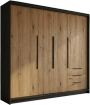 Armario de 4 puertas A&J MöbelLand KLARI con 3 cajones – 200 x 215 cm – Armario de puertas batientes con barra para colgar ropa y estantes