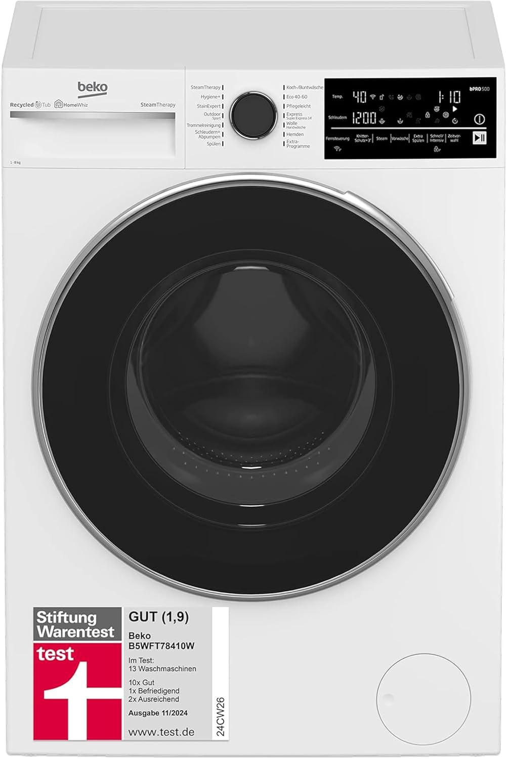Lavadora Beko 8 kg, Stiftung Warentest BIEN (1,9)*, 1400 rpm, función de vapor SteamCure, tambor protector AquaWave, programa StainExpert, B5WFT78410W, blanco