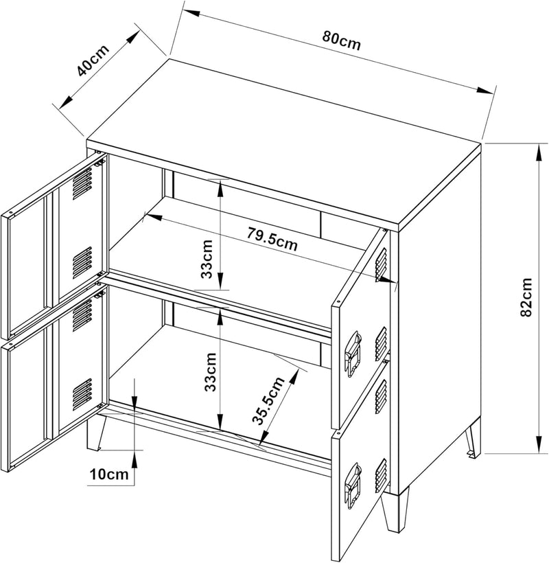 [en.casa] Armario de oficina Hamina archivador con 4 puertas armario multiusos con 2 estantes armario de almacenamiento industrial de acero armario auxiliar 80 x 40 x 82 cm negro