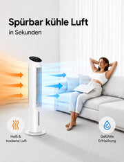 Ventilador de torre DREO con refrigeración silenciosa, ventilador con refrigeración por agua, enfriador de aire de 102 cm, enfriador evaporativo con función de oscilación de 80°, 3 modos, 4 velocidades, mando a distancia, blanco