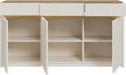 Aparador Forte Oak SQUERE 160, elegante aparador con 3 puertas, iluminación y diseño de lamas, madera contrachapada, decoración en roble Mauvella/arena, 160 cm de ancho x 85,9 cm de alto x 41,5 cm de fondo
