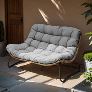 Sofá biplaza doble Papasan con cojín, ratán PE para todo tipo de clima y estructura metálica para interior/exterior