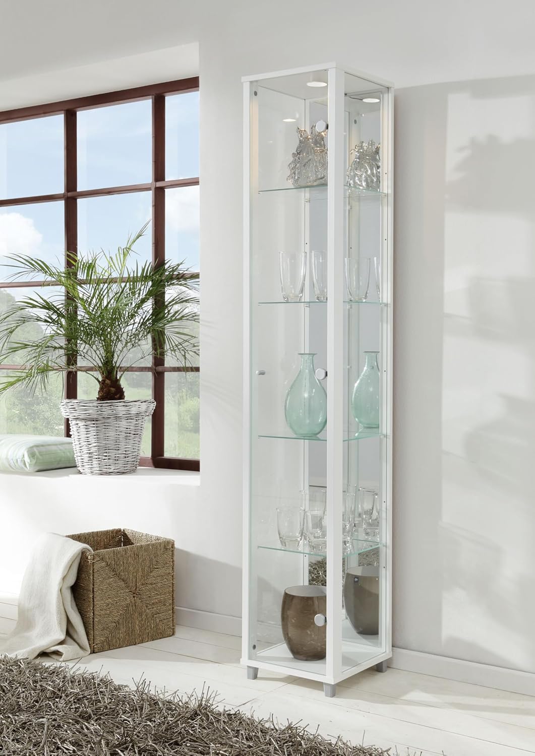 Vitrina de cristal VR-Wohnwelten (172x32x33 cm) en blanco con 4 estantes de cristal, espejo y LED - Vitrina para coches de colección blanca - Armario vitrina blanco - Vitrina para coleccionistas blanca - Mueble de salón estantería armario de pared