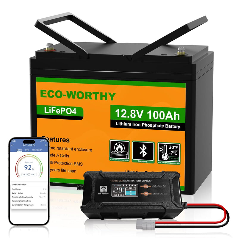 ECO-WORTHY LiFePO4 Bluetooth de 12V 100Ah con cargadores de 12/24V 20A, batería de litio de 12V 100Ah con protección BMS contra bajas temperaturas para autocaravanas, barcos y caravanas