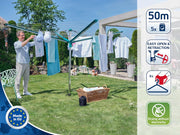 Tendedero tipo paraguas Leifheit Linomatic 500 Deluxe con sistema de retracción de cuerdas para una ropa limpia, tendedero para toda la familia, incluye base para suelo y funda protectora, 50 m de cuerda para 5 cargas de lavado