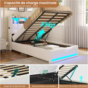 Cama tapizada AOGLLATI 90×200 cm, cama hidráulica con almacenamiento e iluminación LED, cama juvenil con estación de carga, cama individual con cabecero con almacenamiento, tela de lino, sin colchón (beige, 90x200 cm)