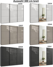Armario de puertas correderas de 3 puertas A300/A216/P65 cm blanco con frente de cristal, espejo, tiradores negros, incl. cierre suave, armario con estantes, barras para ropa, cajones, organizador de ropa / 22039