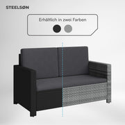 STEELSØN Elnath Sofá de jardín de 2 plazas – Salón de jardín de ratán negro/antracita – Cama lounge para balcón/jardín/terraza – sofá pequeño que ahorra espacio – Set de sofá para exteriores con cojines – muebles de balcón resistentes a la intemperie