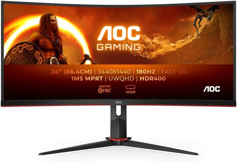 AOC Gaming CU34G2XPD - Monitor curvo WQHD de 34 pulgadas, 180Hz, 1ms, FreeSync Premium (3440x1440, HDMI, DisplayPort, Hub USB) Negro/Rojo