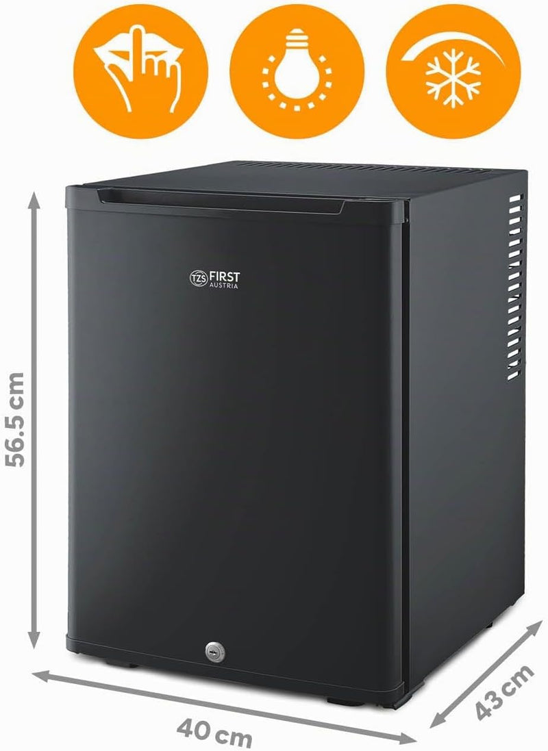 TZS First Austria - Mininevera 40L silenciosa y con cerradura - Mininevera pequeña, sentido de apertura de puerta reversible e iluminación interior - Minibar para camping, oficina, dormitorio y hotel - Negro mate