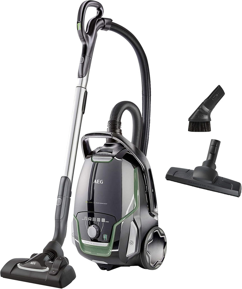 Aspiradora AEG VX9-2-ÖKO / 12 m / 850 vatios / solo 65 dB(A) / 5 l / negro / verde y filtro AFS1W Allergy Plus (ideal para alérgicos, eficacia de filtrado superior al 99%, aire limpio, lavable) azul/blanco