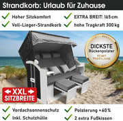BRAST® Cesta de playa Usedom XXL de 3 plazas para 2-3 personas | 165 cm de ancho | 5 diseños | incluye funda impermeable | respaldo ajustable, cojines para los pies | antracita/gris - a rayas