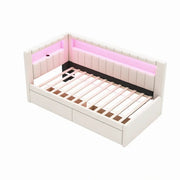 Cama con plataforma tapizada con puertos USB e iluminación LED - Base de cama matrimonial/individual con 2 cajones de almacenamiento - Dormitorio moderno