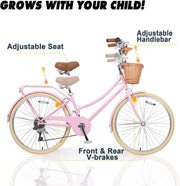 Glerc Missy 20, 24, 26 pulgadas bicicleta híbrida urbana tipo crucero para niñas, de 6 velocidades, con cesta de mimbre, para jóvenes mayores de 6 años, varios colores