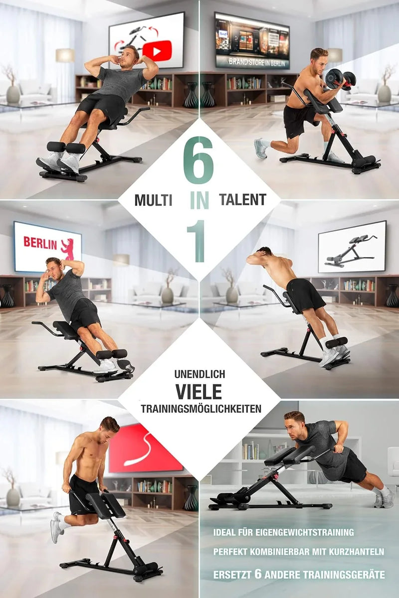 Entrenador de abdomen y espalda BRT150, banco de pesas multifuncional 6 en 1 ajustable para entrenamiento de fuerza en casa, hasta 130 kg