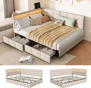 Cama tapizada doble, sofá cama de 140x200 con 2 cajones de almacenamiento, cama juvenil con USB, cama con almacenamiento, cama funcional con somier de láminas, cama infantil con cabecero LED, sin colchón (beige + lino)