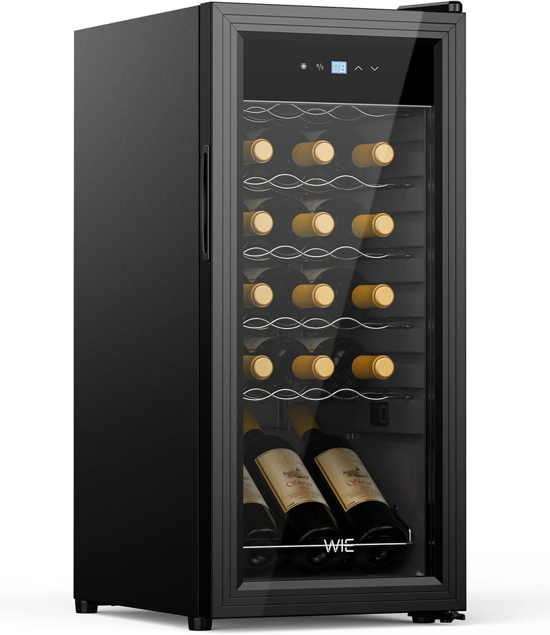 WIE Vinoteca 18 Botellas 53L Refrigerador de Vino 5°C-18°C Enfriamiento por Compresor Puerta de Cristal Panel Táctil LED Interior Nevera de Vino Bar Interior/Exterior