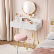 Tocador VASAGLE con taburete e iluminación, regleta de enchufes, espejo, mesa de maquillaje, 40 x 80 x 134,8 cm, mesa de cosmética con cajones, taburete acolchado, blanco mate-oro pálido RVT019W01