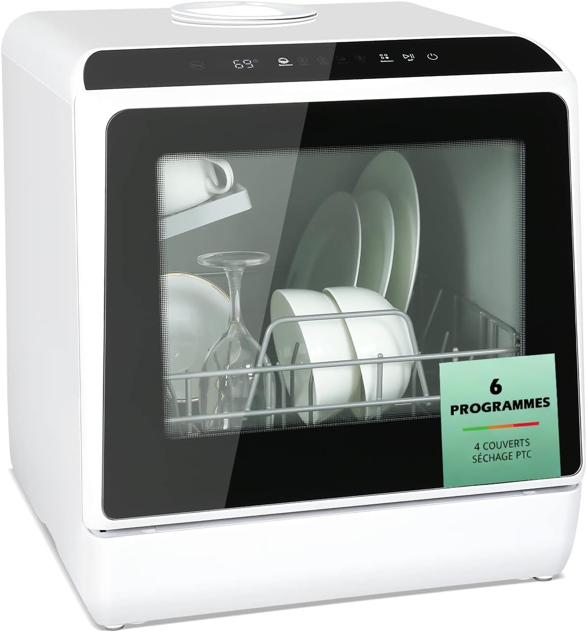 YU YUSING Mini Lavavajillas Compacto 45cm, 4 Cubiertos, 5+1 Programas, Secado PTC, Con o Sin Toma de Agua, Lavavajillas Pequeño de Libre Instalación, Portátil, Depósito 5L, Pantalla LED, Blanco y Negro