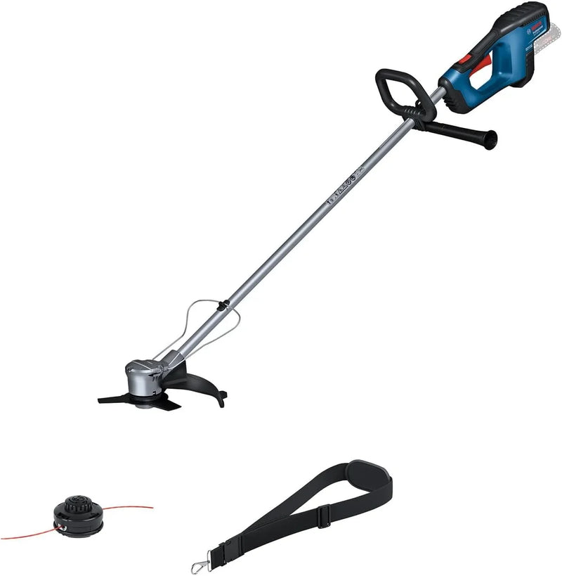 Desbrozadora a batería 18V sin escobillas GFR 18V-23, ancho de corte 23 cm, cabezal de hilo, correa de hombro, juego de cuchillas