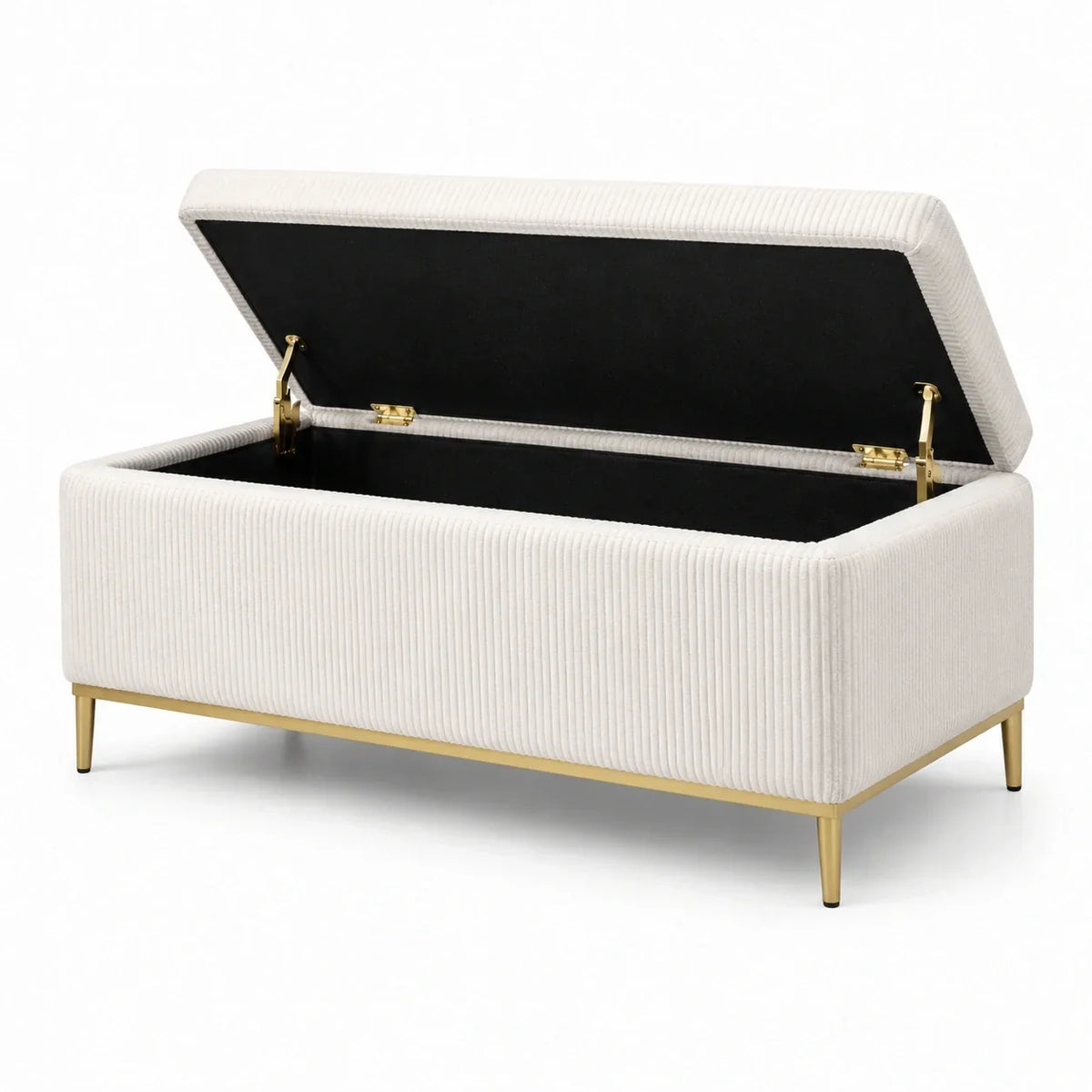 Banco de almacenamiento de terciopelo beige con estructura de metal 120 cm