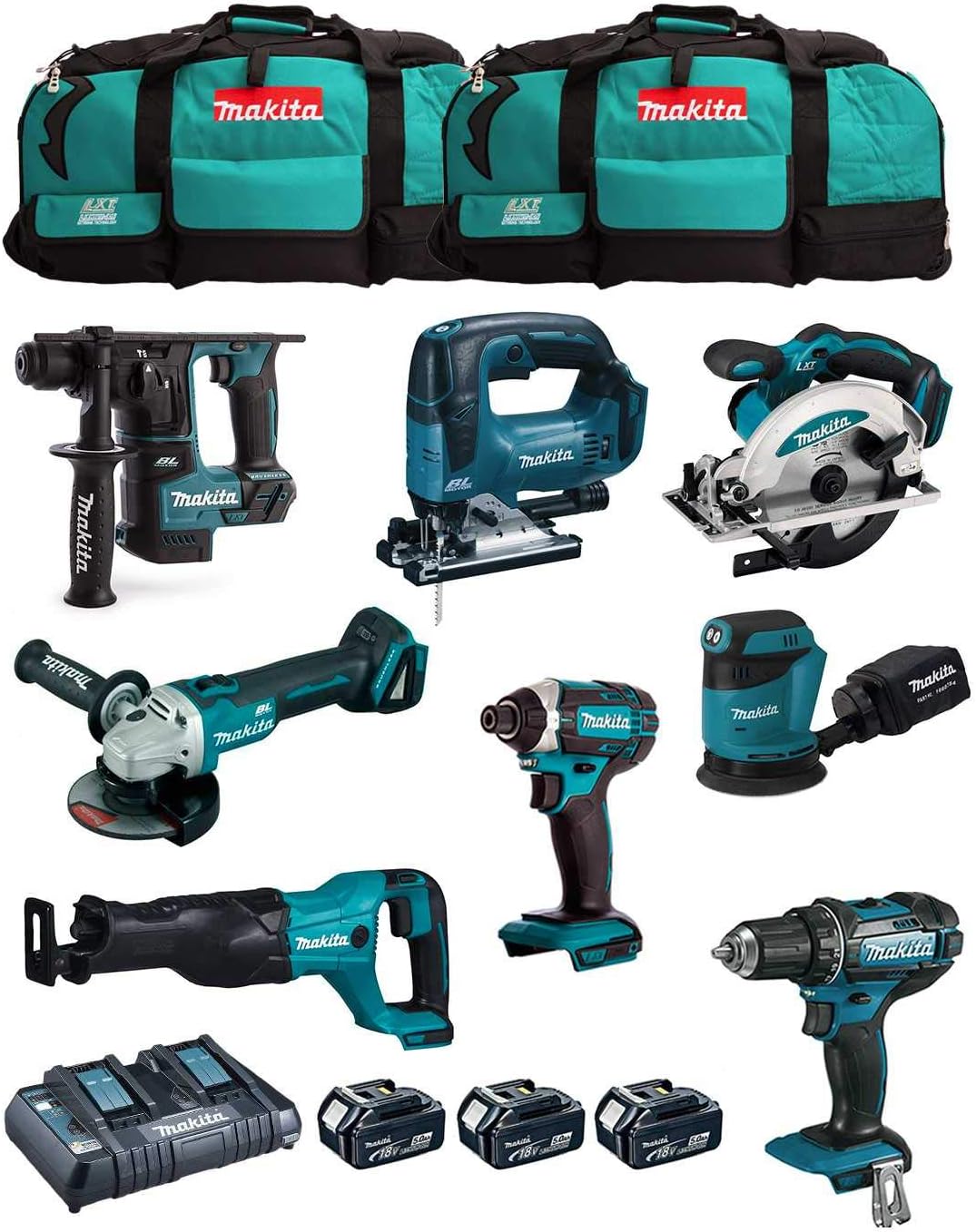 Makita MK801: Juego de 8 herramientas profesionales de 18V (DDF482, DHR171, DGA504, DTD152, DJV182, DSS610, DJR186, DBO180) con 3 baterías de 5,0 Ah, cargador y 2 maletas trolley LXT600