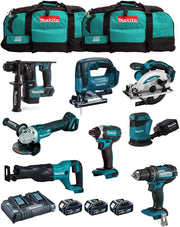 Makita MK801: Juego de 8 herramientas profesionales de 18V (DDF482, DHR171, DGA504, DTD152, DJV182, DSS610, DJR186, DBO180) con 3 baterías de 5,0 Ah, cargador y 2 maletas trolley LXT600