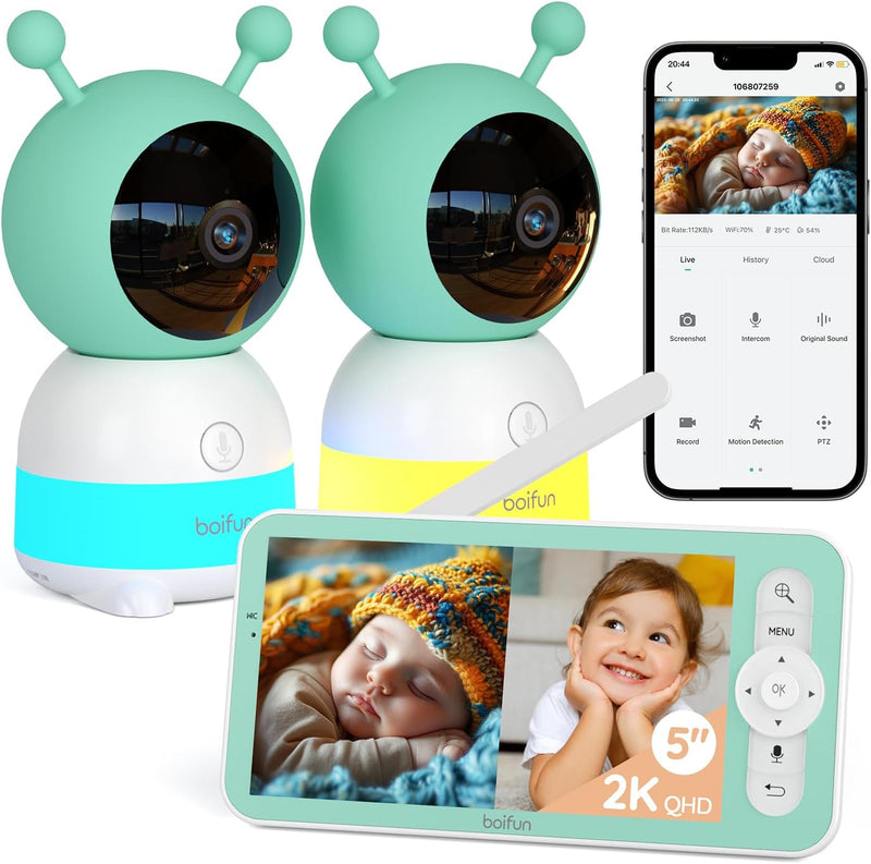 Vigilabebés BOIFUN 2K con 2 cámaras, pantalla dividida de 5", luces nocturnas de colores, rotación de 360°, detección de movimiento, seguimiento automático, control por monitor y smartphone, material de seguridad ABS