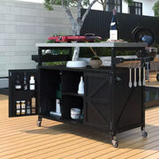 Isla de cocina para exteriores con cubierta de acero inoxidable, carrito de cocina de madera con puertas, estantes y especiero, isla de cocina con ruedas