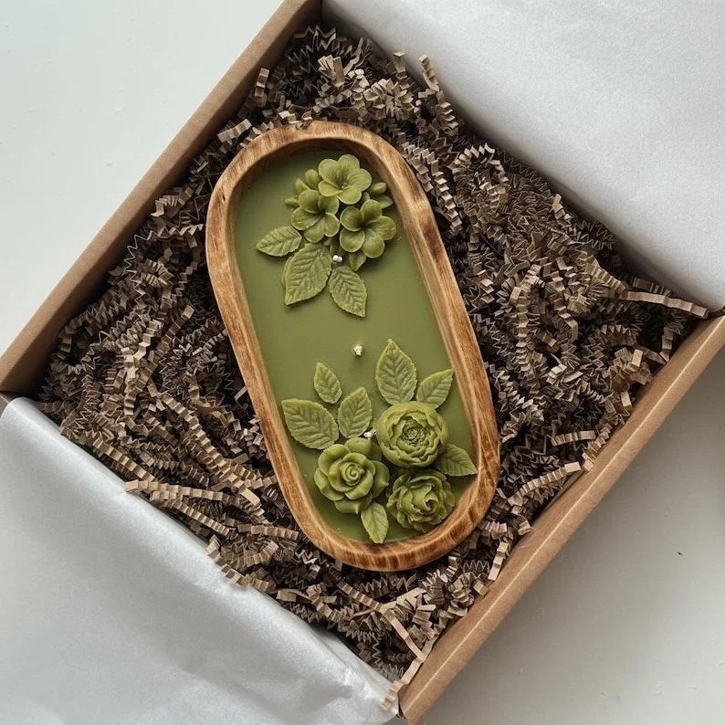 Vela grande de 3 mechas en cuenco de masa con diseño floral, vela perfumada de rosa 3D en color verde oliva y amarillo, vela de cera de soja, decoración floral para el hogar
