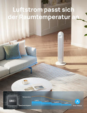 Ventilador de torre inteligente Dreo, 20 dB ultra silencioso, alcance de 10 m, 4 velocidades, 4 modos, temporizador de 8 h, oscilación de 90°, ventilación con refrigeración, Wi-Fi y mando a distancia para dormitorio, Nomad OneS, blanco