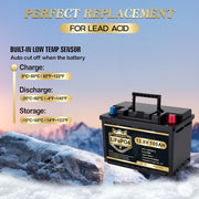 Batería de litio LiFePO4 12V/100Ah con Bluetooth, BMS de 100A, 5000 ciclos de descarga profunda, 1280W, protección de corte por baja temperatura para vehículos recreativos (RV), camping, embarcaciones y sistemas solares domésticos