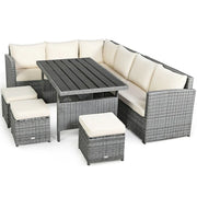 Conjunto de muebles de comedor para patio de 7 piezas de ratán con sofá seccional, mesa de comedor, otomanas y cojines