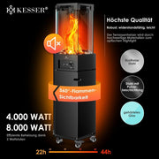 KESSER® Calentador de gas 4/8 kW, encendido piezoeléctrico + regulador de presión de gas + funda, ruedas 360°, protección antivuelco, estufa de terraza, calentador de gas para exteriores, chimenea móvil, calefactor, negro