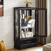 Vitrina de cristal iluminada con estantes ajustables: elegante vitrina de 2 puertas con cajón integrado, incluye bombilla