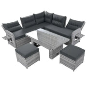 Conjunto de sofá seccional de ratán para exteriores con mesa ajustable y sillones reclinables