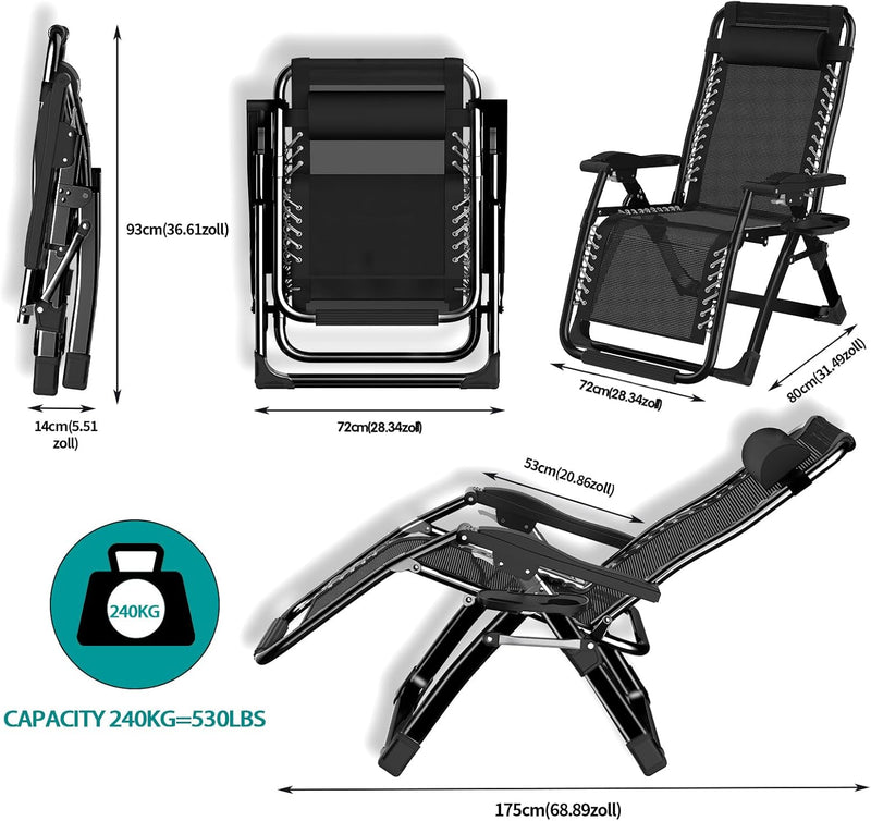 Tumbona plegable, silla de jardín para siestas con respaldo ajustable, silla de jardín extra ancha con cojín, para patio, jardín, playa y piscina, capacidad de carga 240 kg (negro, 72)