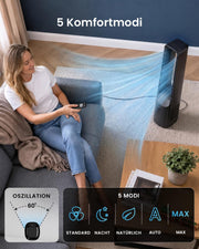 Ventilador sin aspas Pro Breeze de 101 cm - Ventilador para casa inteligente con Wi-Fi, control remoto, pantalla LED, 6 velocidades - Ventilador de torre muy silencioso, 5 modos de funcionamiento, oscilación automática de 60°, temporizador de 7 h