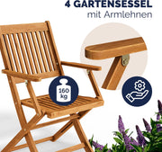 Set de muebles de jardín Casaria® resistente a la intemperie, plegable, de madera de acacia, 5 piezas, certificado FSC®, con reposabrazos, capacidad de carga de 160 kg, muebles de jardín, terraza y balcón, 120x70 cm, conjunto de muebles para 4 personas