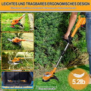 Cortacésped inalámbrico con batería y cepillo para malas hierbas 4 en 1, desbrozadora con cepillo para malas hierbas, desbrozadora sin escobillas de 21 V, cortacésped eléctrico con 2 baterías de 4.0 Ah, cargador, telescópico, ajustable, naranja