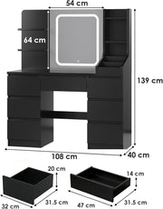 TRIUMPHKEY Tocador con iluminación LED, brillo ajustable, mesa de maquillaje con espejo, tocador moderno con 7 cajones, 4 estantes y 3 compartimentos abiertos para el dormitorio (Negro)