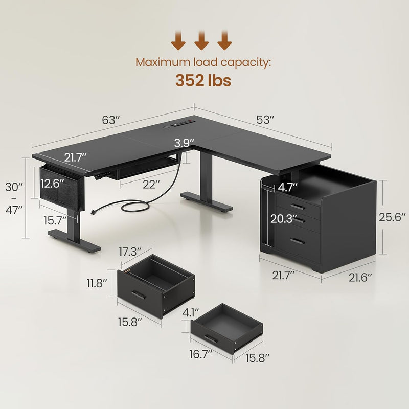 Escritorio de pie eléctrico en forma de L SEDETA con archivador, escritorio de computadora para oficina en casa de 63 x 53'' con altura ajustable, cajones, toma de corriente, mesa de juegos de pie con luces LED, bandeja para teclado, negro