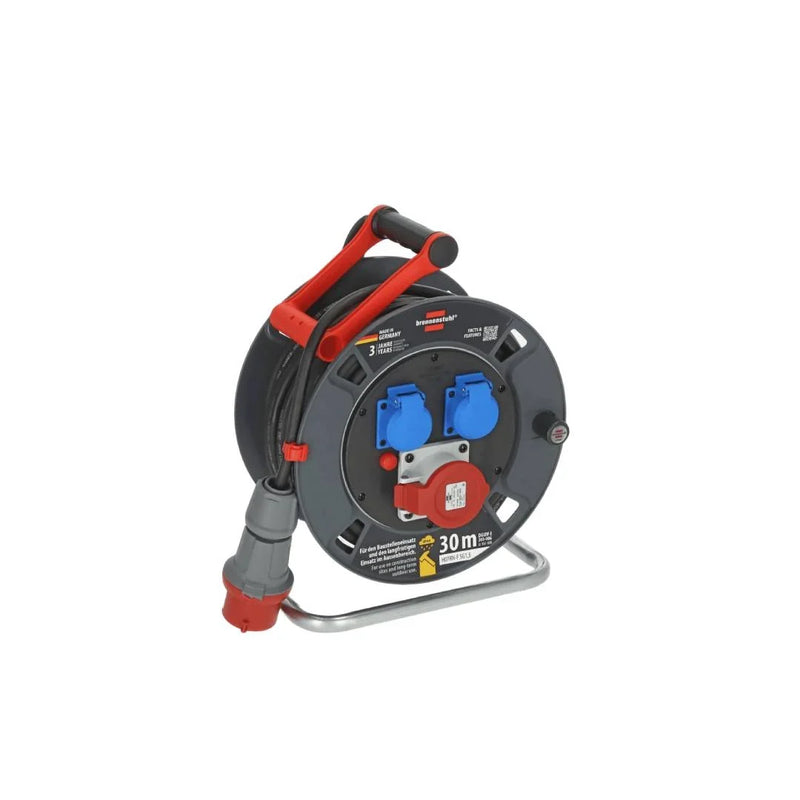 Enrollador de cable CEE 30 m IP44 H07RN-F 5G1,5 400 V 16 A con toma CEE y 2 enchufes con toma de tierra para exteriores