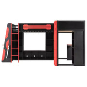 Litera tipo loft en forma de L para juegos con escritorios, litera doble con luces LED, puertos USB, estanterías de almacenamiento, cama alta esquinera de madera para 2 personas