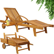 Tumbona plegable Casaria® resistente a la intemperie, de madera, capacidad de carga de 160 kg, con 2 ruedas, mesa auxiliar, respaldo y reposapiés ajustables, 196 cm