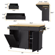 Isla móvil de 55 pulgadas con toma de corriente y mesa plegable, carrito de isla de cocina con ruedas y gabinete para almacenamiento de basura para cocina
